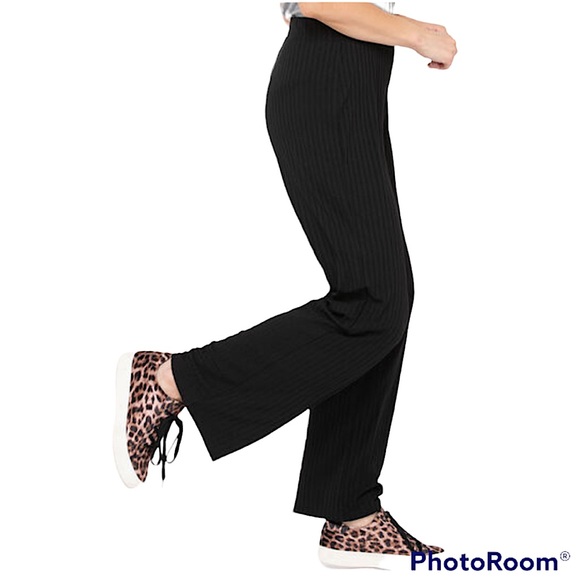 BLACK RIBBED HIGH RISE WIDE LEG PANT - Picture 6 of 7